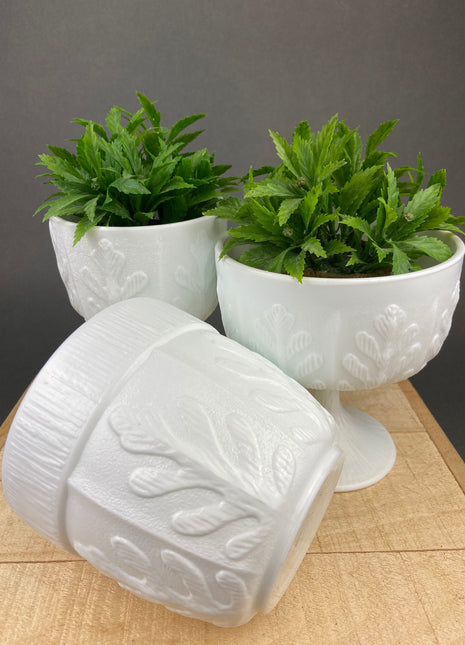 Milk Glass Oak Leaf Design Bowls. Set of Three Differently Shaped Vases. White Herb Planters.