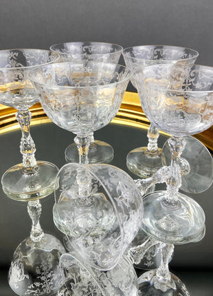 Antique Fostoria Crystal Chintz Champagne Glasses. Set of Five Stemware with Etched Wild Roses. Home Dining Table Decor.