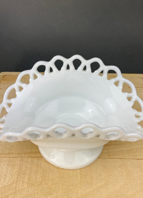 Vintage Milk Glass Pedestal Banana Bowl/Boat. Reticulated Edge White Serving Dish. Table Centerpiece.