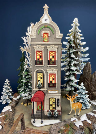 Vintage Blenham Street Bank & 2 Policeman Figurines by Department 56. Illuminated Christmas Village House. Dickens Village. Holiday Display.