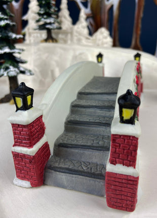 Christmas Village Red Bridge by Lemax. Porcelain Bridge with Lanterns and Garlands. Village Collection. Holiday Decor. Christmas Celebration