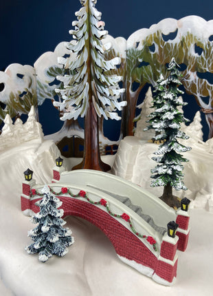 Christmas Village Stone Bridge by Dept. 56. Porcelain Bridge with Pine Trees. Holiday Seasonal Home or Retail Decor.