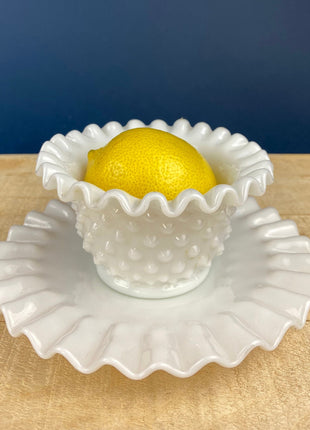 Vintage Jeanette Milk Glass Serving Bowl & Matching Underplate. "Cube" (Cubist) Pattern Mayonnaise Bowl. Home Dining Kitchen Table Decor.