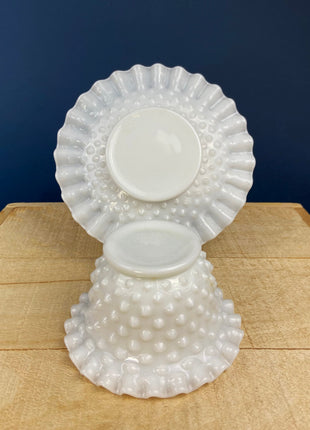 Vintage Jeanette Milk Glass Serving Bowl & Matching Underplate. "Cube" (Cubist) Pattern Mayonnaise Bowl. Home Dining Kitchen Table Decor.