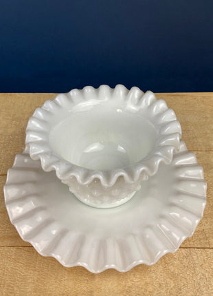 Vintage Jeanette Milk Glass Serving Bowl & Matching Underplate. "Cube" (Cubist) Pattern Mayonnaise Bowl. Home Dining Kitchen Table Decor.