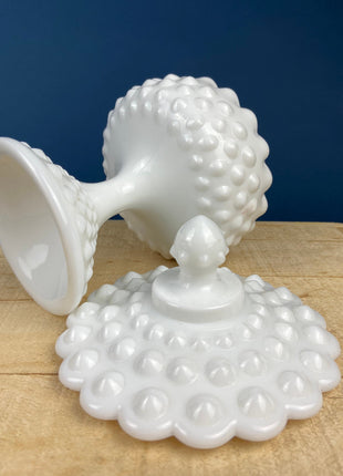 Vintage Milk Glass Footed Bowl with Lid. Circular Embossed Motif. White Bath Bedroom Vanity Storage. Dining Room Decor. Table Centerpiece.