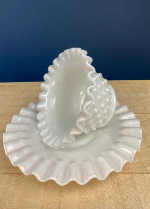 Vintage Jeanette Milk Glass Serving Bowl & Matching Underplate. "Cube" (Cubist) Pattern Mayonnaise Bowl. Home Dining Kitchen Table Decor.