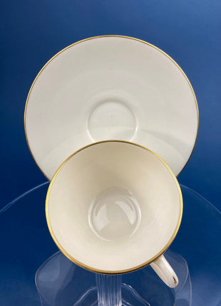 Lenox Tea Cup & Saucer. Creamy White with Gold Rim Tea or Coffee Set. Olympia by Lenox. Porcelain Made in the USA.