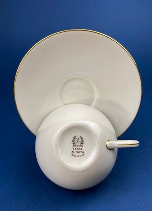Lenox Tea Cup & Saucer. Creamy White with Gold Rim Tea or Coffee Set. Olympia by Lenox. Porcelain Made in the USA.