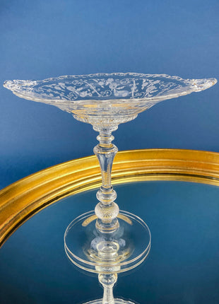Vintage Etched Glass Compote with Gold Rim. Delicate Leaf Design. Footed Serving Dish for Candy, Cupcakes, Nuts, or Fruit. Dining Room Decor