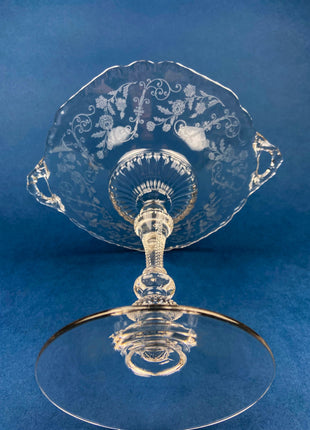 Vintage Etched Glass Compote. Floral & Geometric Design. Crystal Footed Serving Dish for Candy, Cupcakes, Nuts, or Fruit. Dining Room Decor.