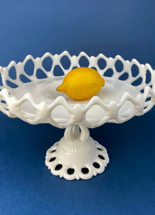 Stunning Milk Glass Footed Bowl with Reticulated Edge and Foot. Large White Lace Edge Serving Dish. Table Centerpiece. Dining Room Decor.