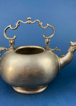 Etain Zinn Pewter Teapot. Extremely RARE, Etched with Heart and Cupids Antique Teapot. Spout Shaped like Eagle. Back Handle with Lion.