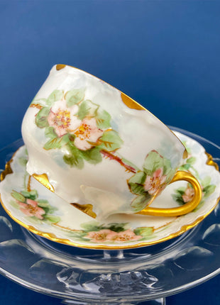 Antique Limoges Tea Cup and Saucer. Hand Painted Wild Flowers and Ferns. Modern Farmhouse. French Country. Home Dining Kitchen Decor.
