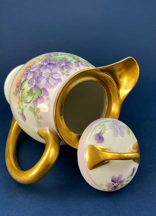 Antique Royal Bavarian Coffee Pot, Hand Painted Pink Roses, Art Nouveau