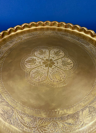 Round Brass Vintage Tray Table Top Wall Art. Large Reticulated Lacey Ornate Hand Pounded Platter. Ethnic Home Decor.