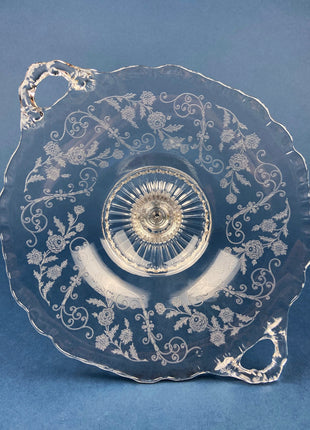 Vintage Etched Glass Compote with Gold Rim. Delicate Leaf Design. Footed Serving Dish for Candy, Cupcakes, Nuts, or Fruit. Dining Room Decor