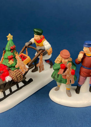 Christmas Village Accessories Figurines by Dept. 56. Apple and Wreath Sellers. Set of 3. Seasonal Home or Retail Display.