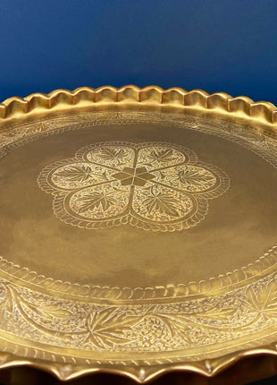 Round Brass Vintage Tray Table Top Wall Art. Large Reticulated Lacey Ornate Hand Pounded Platter. Ethnic Home Decor.