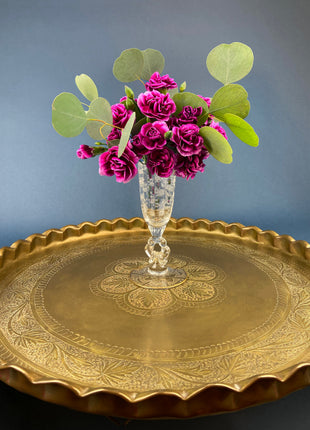 Round Brass Vintage Tray Table Top Wall Art. Large Reticulated Lacey Ornate Hand Pounded Platter. Ethnic Home Decor.