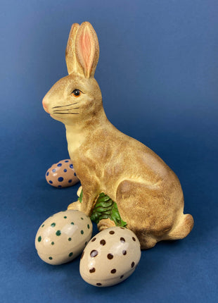 SOLD. Cute Porcelain Bunny Figurine. Hand-Painted Brown Baby Rabbit with Purple Ribbon. Vintage Easter Display. Spring Celebration. Kids Room.