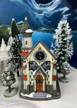 Porcelain Christmas Village St. Mary's Cathedral. Illuminated House of Worship. Home Retail Holiday Decor. Christmas Celebration. Kids Room.