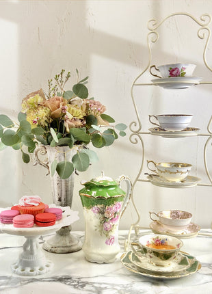 Vintage Display Stand for Sweets, Baked Goods, Cup Cakes, Fruit. Two Tiered Metal Wire Rack with Vintage Plates. Dining Room Decor.