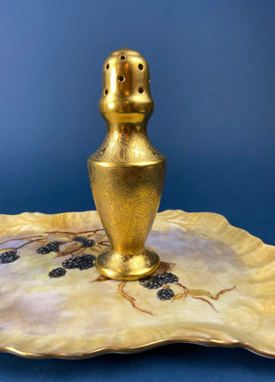 Antique, Gilded Porcelain Serving Bowl with Matching Saucer. Scalloped Brims. Embossed Floral Texture. Gold Serveware.