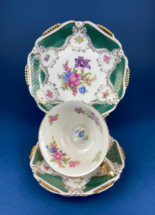 Vintage Tea Cup, Saucer, & Dessert Plate Trio by Waldershof, Bavaria. Hand-Painted Green with Gold Panels and Flowers. Collectible Porcelain