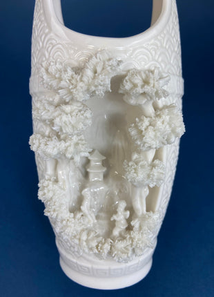 White Porcelain, Asian Vase with 3-D Vignette. Beautifully Detailed, Flower Vase or Collectible Art Vase. Gift for Him or Her.