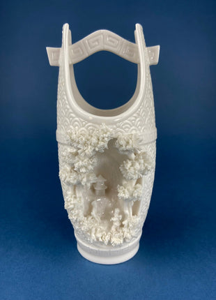 White Porcelain, Asian Vase with 3-D Vignette. Beautifully Detailed, Flower Vase or Collectible Art Vase. Gift for Him or Her.