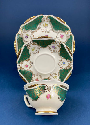 Vintage Tea Cup, Saucer, & Dessert Plate Trio by Waldershof, Bavaria. Hand-Painted Green with Gold Panels and Flowers. Collectible Porcelain