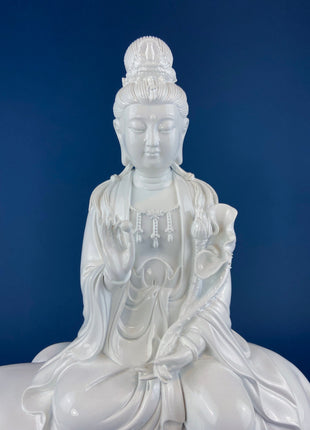 White Buddha Figurine. Large Statuette of Samantabhadra on Elephant Holding Lotus & Seed. Perfect for Home Altar, Meditation, or Yoga Space.