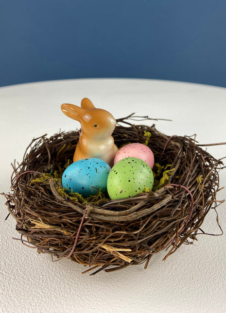 SOLD. Cute Porcelain Bunny Figurine. Hand-Painted Brown Baby Rabbit with Purple Ribbon. Vintage Easter Display. Spring Celebration. Kids Room.