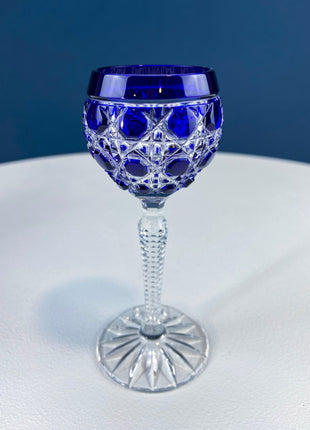 Cobalt Blue Crystal Wine Goblets with Clear Stems. Stunning Smooth Minimal Glasses with Tall Stems. Set of 6 Stemware. Dining Room Decor.