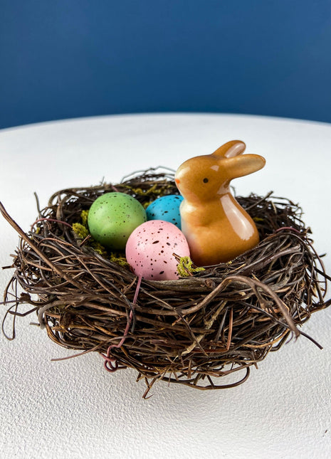 SOLD. Cute Porcelain Bunny Figurine. Hand-Painted Brown Baby Rabbit with Purple Ribbon. Vintage Easter Display. Spring Celebration. Kids Room.