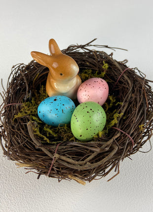 SOLD. Cute Porcelain Bunny Figurine. Hand-Painted Brown Baby Rabbit with Purple Ribbon. Vintage Easter Display. Spring Celebration. Kids Room.