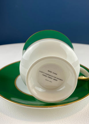 Coffee or Tea Serving Set with Antique Dessert Plate. Set of 8 Cups & Saucers. Ming Green Fine China by Mikasa. Lodge, Cabin, or Library.