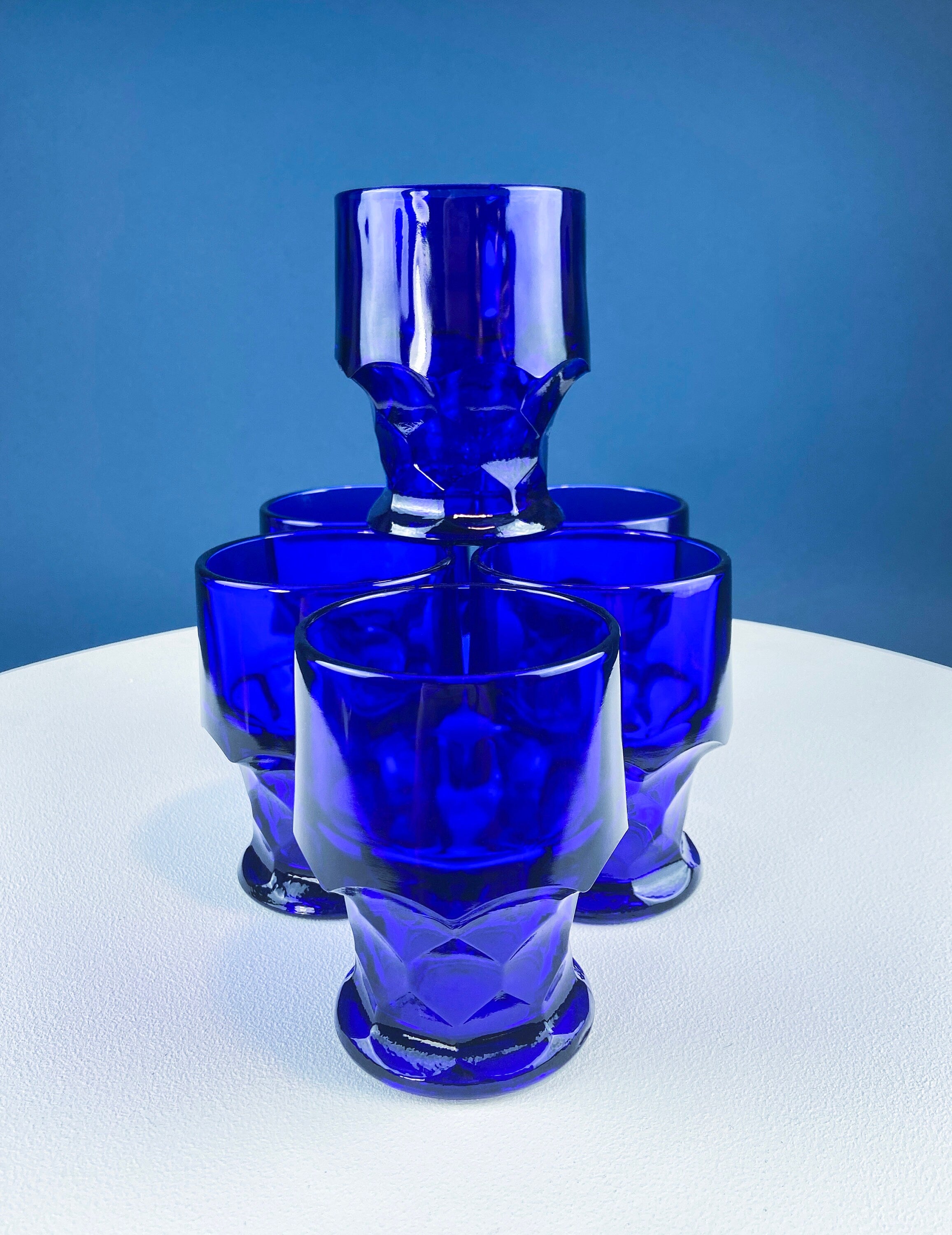 2 Set Textured Glassware Cups Ombré Cobalt Blue Water Glasses With Hexagon  Shape
