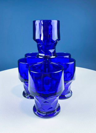 Cobalt Blue Tumblers. Set of Six Heavy Chiseled Georgian Glasses. Dark Blue Viking Mosser Glassware.