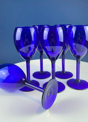 Cobalt Blue Cups Saucers with Matching Dessert Plates 6.5". Set of 6. Dark Blue Modern Glassware. Tea Coffee Service.