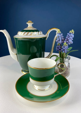 Coffee or Tea Serving Set with Antique Dessert Plate. Set of 8 Cups & Saucers. Ming Green Fine China by Mikasa. Lodge, Cabin, or Library.