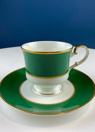 Coffee or Tea Serving Set with Antique Dessert Plate. Set of 8 Cups & Saucers. Ming Green Fine China by Mikasa. Lodge, Cabin, or Library.