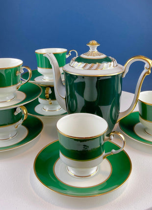 Coffee or Tea Serving Set with Antique Dessert Plate. Set of 8 Cups & Saucers. Ming Green Fine China by Mikasa. Lodge, Cabin, or Library.