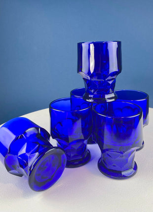 Cobalt Blue Cups Saucers with Matching Dessert Plates 6.5". Set of 6. Dark Blue Modern Glassware. Tea Coffee Service.