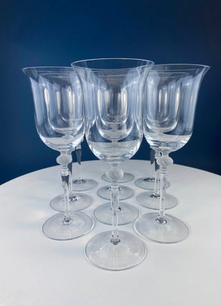 Set of 8 Wine Water Crystal Goblets. Spring Mist Pink by Lenox. Clear with Frosted Pink Leaf Stems. Dining Room Table Decor.