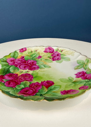 Antique 12" Serving or Decorative Plate. Hand Painted Pink Roses. Dining Room Wall Decor or Collectible Display. Wedding Registry Gift.