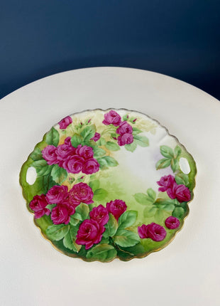 Antique 12" Serving or Decorative Plate. Hand Painted Pink Roses. Dining Room Wall Decor or Collectible Display. Wedding Registry Gift.