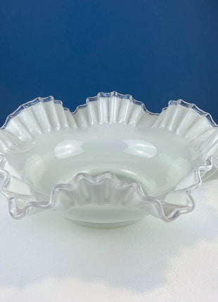 Silvercrest Bowl with Ruffled Edge. White Glass Fruit Bowl or Serving Dish with Clear Brim. Table Centerpiece. Serviceware. Wedding Gift.