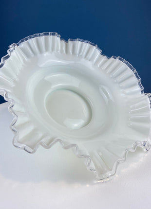 Silvercrest Bowl with Ruffled Edge. White Glass Fruit Bowl or Serving Dish with Clear Brim. Table Centerpiece. Serviceware. Wedding Gift.